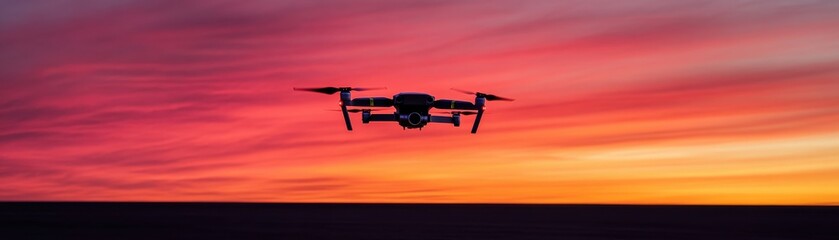 Drone flying against a stunning sunset backdrop, capturing beauty.
