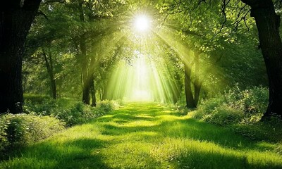 A serene forest path illuminated by sunlight filtering through the trees, creating a peaceful and inviting atmosphere.