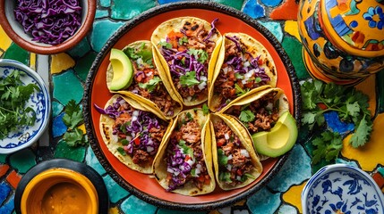 Delicious Tacos with Pulled Pork Red Cabbage and Avocado