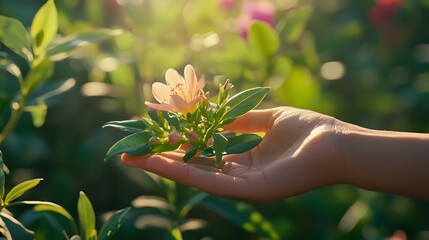 A close-up of a hand delicately holding a freshly picked flower in a vibrant garden, showcasing the intricate details of petals and leaves - HD and realistic