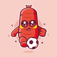 happy sausage food character mascot playing football isolated cartoon
