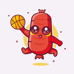 cute sausage food character mascot playing basketball isolated cartoon