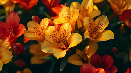 A close-up of a lush flower bouquet featuring bright yellow and red flowers evokes a feeling of warmth and vibrancy, captured in HD and realistic detail