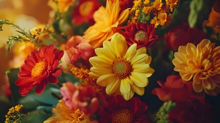 A close-up of a lush flower bouquet featuring bright yellow and red flowers evokes a feeling of warmth and vibrancy, captured in HD and realistic detail