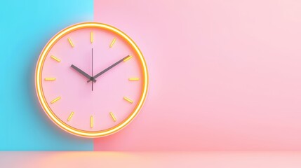 Round neon clock on pastel wall with blue and pink colors
