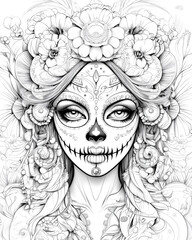 A woman with a skull on her face and flowers in her hair