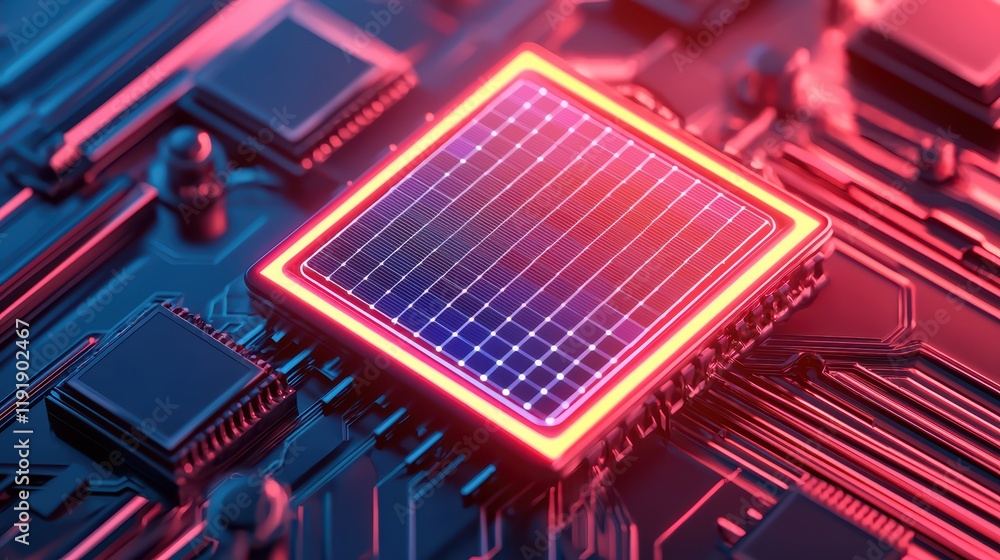 Poster futuristic microchip on circuit board with neon glow effect