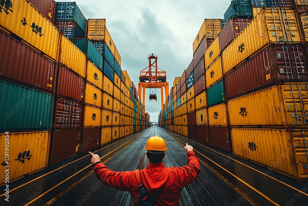 Poster worker directing cargo operations at a busy shipping port