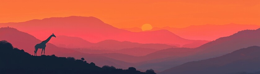 Fototapeta premium Silhouette of a giraffe against a stunning sunset landscape.