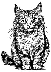 Vector illustration of a hand-drawn tabby cat in detailed line art style, with no background
