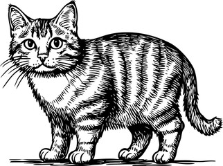 Vector illustration of a hand-drawn tabby cat in detailed line art style, with no background