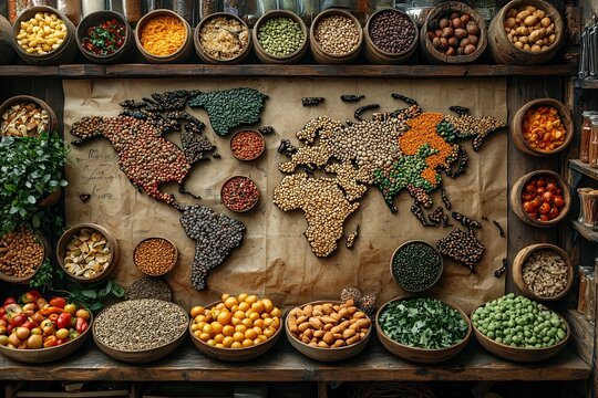 World map filled with traditional foods from different cultures each dish beautifully arranged creating a colorful celebration of global cuisine