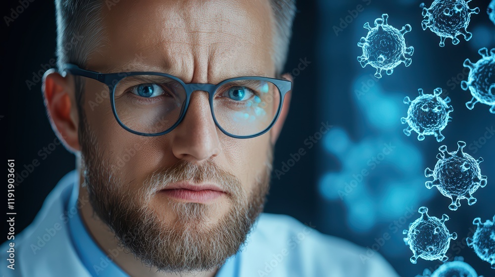 Poster scientist with glasses analyzing virus cells in laboratory context