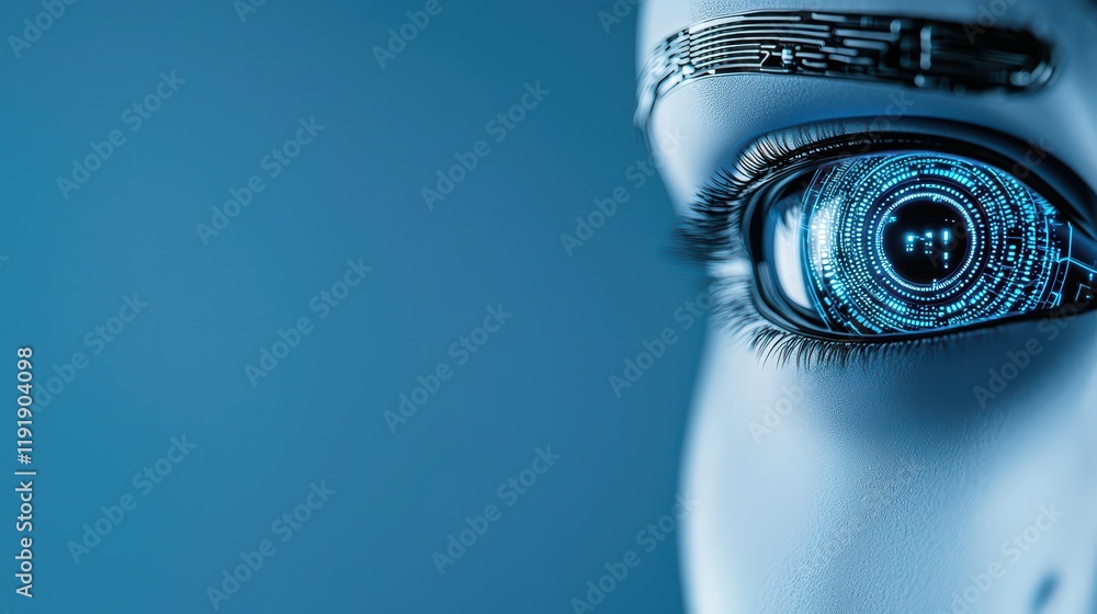 Poster futuristic robot eye with digital circuit patterns and blue background