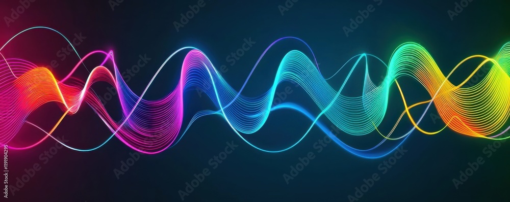 Poster vibrant abstract wave patterns in colorful hues on a dark background.