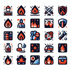 Firefighter and Fire Safety Icons - Vector Illustration