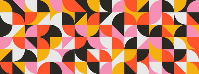 Bright curved seamless pattern. Abstract geometric mid century background. Colorful Swiss modernist or postmodernist style wallpaper. Vector modular repeating overlay. Red pink yellow mural backdrop