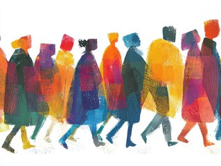 Fototapeta premium Vibrant illustration of colorful figures walking together.