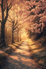 Obraz premium A beautiful path lined with cherry blossom trees, bathed in the golden glow of sunset, with a dreamy, romantic style