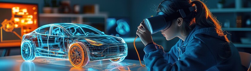 Fototapeta premium Woman using virtual reality to design futuristic car model.