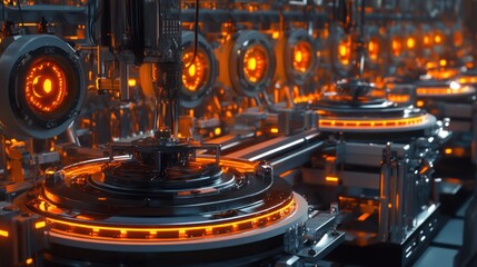 a seamless assembly line with advanced equipment, synchronized operations, glowing LED indicators, high-tech factory setting, metallic textures