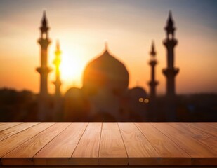 empty wooden table for product display, illuminated by soft, warm light. A blurry glowing Ramadan lantern and a hint of a mosque silhouette are blurred in the background for depth