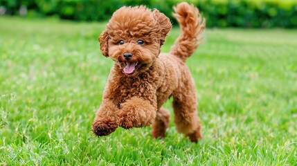 An adorable brown poodle puppy dog sprinting merrily on the grass, displaying its youthful energy and lively charm. A heart - warming scene of a puppy at play.
