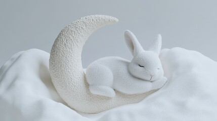 A white rabbit is laying on a white moon
