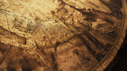 Fototapeta premium Vintage map-themed wallpaper featuring old-world cartography, sepia tones, and intricate detailing of continents, compass roses, and maritime symbols for a classic explorer vibe. 