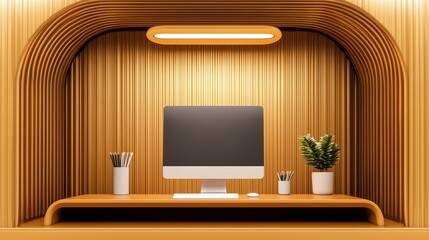 Modern Workspace with Minimalist Design and Warm Wooden Backdrop