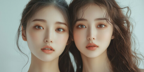 Fototapeta premium Beautiful Japanese women, with pale skin, light makeup, and a natural look, generative AI
