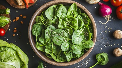 Obraz premium Fresh Spinach Salad with Sesame Seeds and Almonds