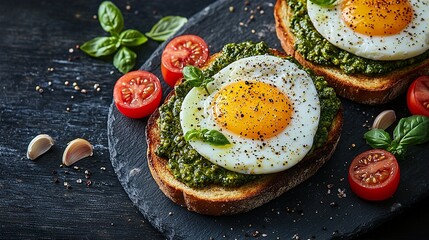 Avocado and egg toast with pesto, perfect for health-focused content and recipes 