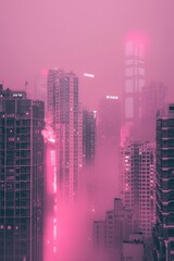 Fototapeta premium A cityscape shrouded in fog, illuminated by neon lights on tall buildings. The sky is pink and misty, creating an atmosphere of mystery and futuristic urban life. 