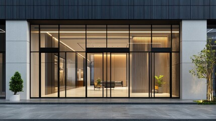 Modern Building Entrance: Sleek Glass and Wood Design