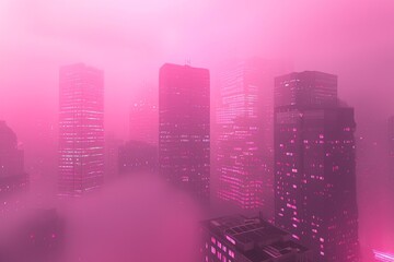 A cityscape shrouded in fog, illuminated by neon lights on tall buildings. The sky is pink and misty, creating an atmosphere of mystery and futuristic urban life. 
