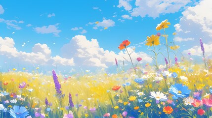 Beautiful colorful flowers in a meadow, with a soft sky and gentle breeze, rendered in anime style for a calming background.