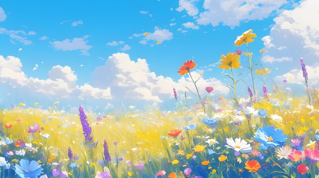 Beautiful colorful flowers in a meadow, with a soft sky and gentle breeze, rendered in anime style for a calming background.