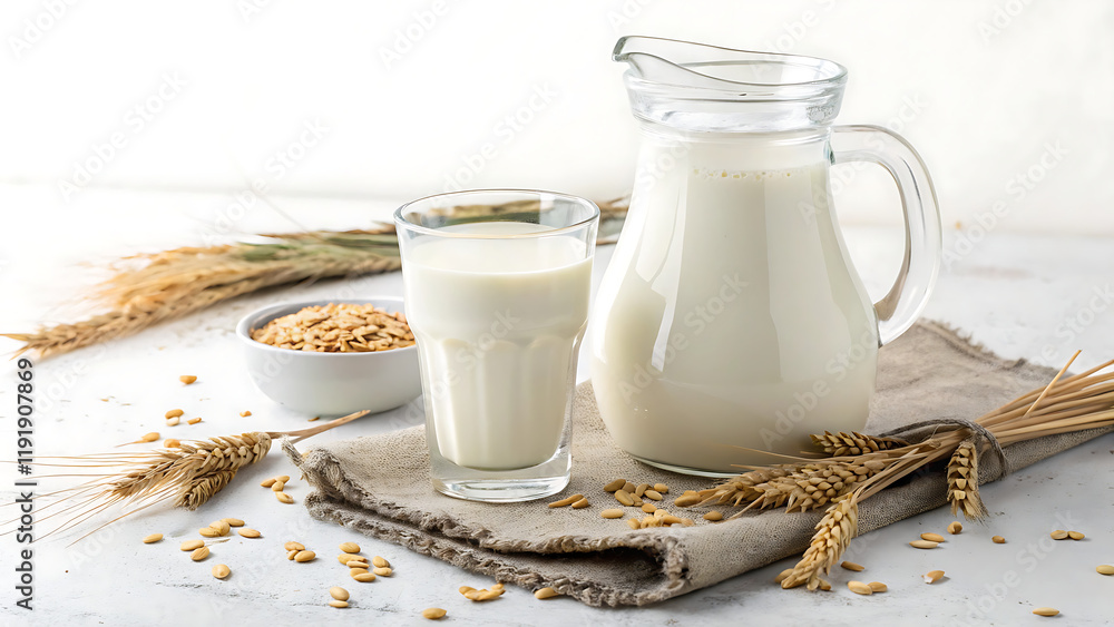 Wall mural Natural whole milk in a jug and a glass isolated on a white background closeup
