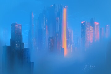 A cityscape shrouded in fog, illuminated by neon lights on tall buildings. The sky is blue and misty, creating an atmosphere of mystery and futuristic urban life. 