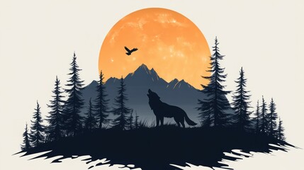 Fototapeta premium Silhouette of a wolf howling at a large orange moon in a mountain forest.
