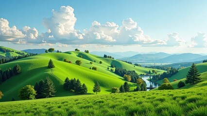 Obraz premium Bask in the lush embrace of a verdant hillside where a serene river meanders, framed by towering trees under a radiant sun's glow. The vivid green grass dances with sunlight, inviting tranquility and 