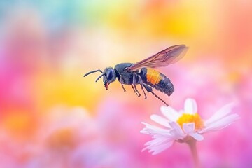 Naklejka premium A dramatic shot of a wasp flying over a patch of daisies, captured from a low perspective. The wings are a blur, emphasizing the speed and agility of the insect. The colorful flowers create a