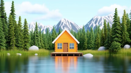 Obraz premium Tranquil Yellow Cabin by Serene Lake Surrounded by Forest and Mountains