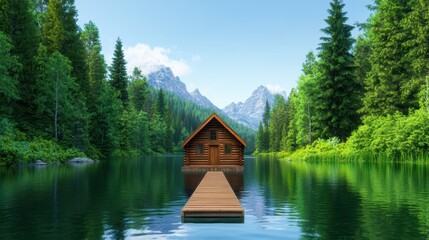 Fototapeta premium Tranquil Wooden Cabin by Serene Mountain Lake Surrounded by Nature