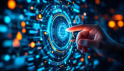 Hand interacts with digital interface; futuristic background; data visualization; technology concept