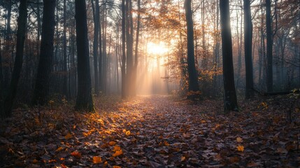 Obraz premium Sunlight shining through the trees in a misty forest