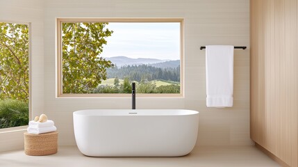 Modern Bathroom with Scenic View of Nature and Minimalist Design