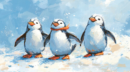 Fototapeta premium Playful gathering of penguins on icy shore, showcasing their charm and camaraderie in winter wonderland