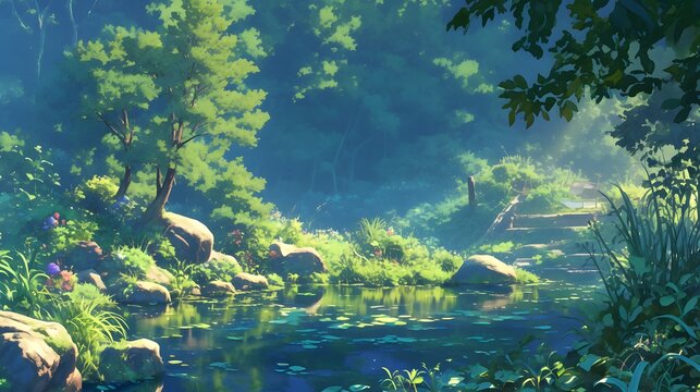 Beautiful natural scenery in an anime illustration, showcasing peaceful landscapes filled with lush foliage and serene environments.